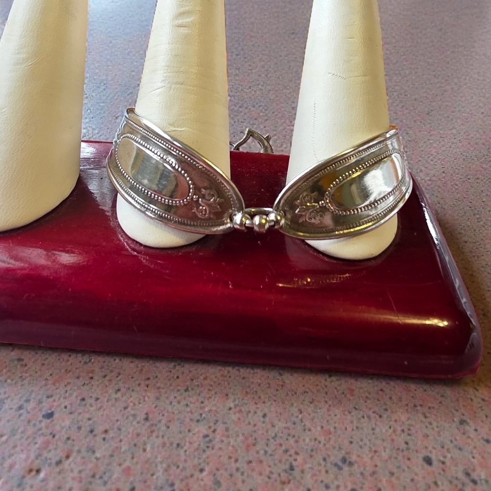 Vintage Artisan Silver Spoon Bracelet With Heart Lobster Clasp